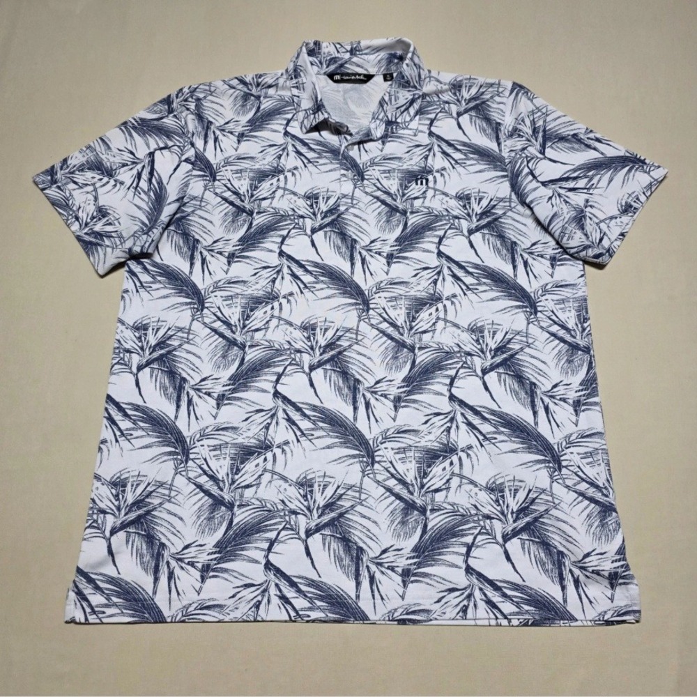 Travis Mathew Men XL Polo Shirt White/Blue Tropical Palm Leaf Pullover Reg Fit